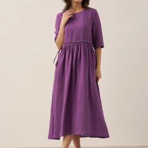 Lintico Linen Petal-Waist Drawstring Midi Dress Plum Purple XL